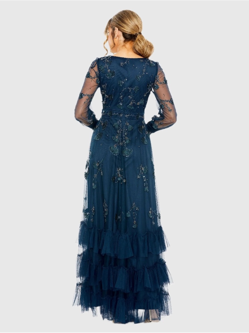 NWOT MAC DUGGAL Navy Mesh Long Sleeve V-Neck Tiered A Line Gown Sz: 8 #9256 - Picture 3 of 11